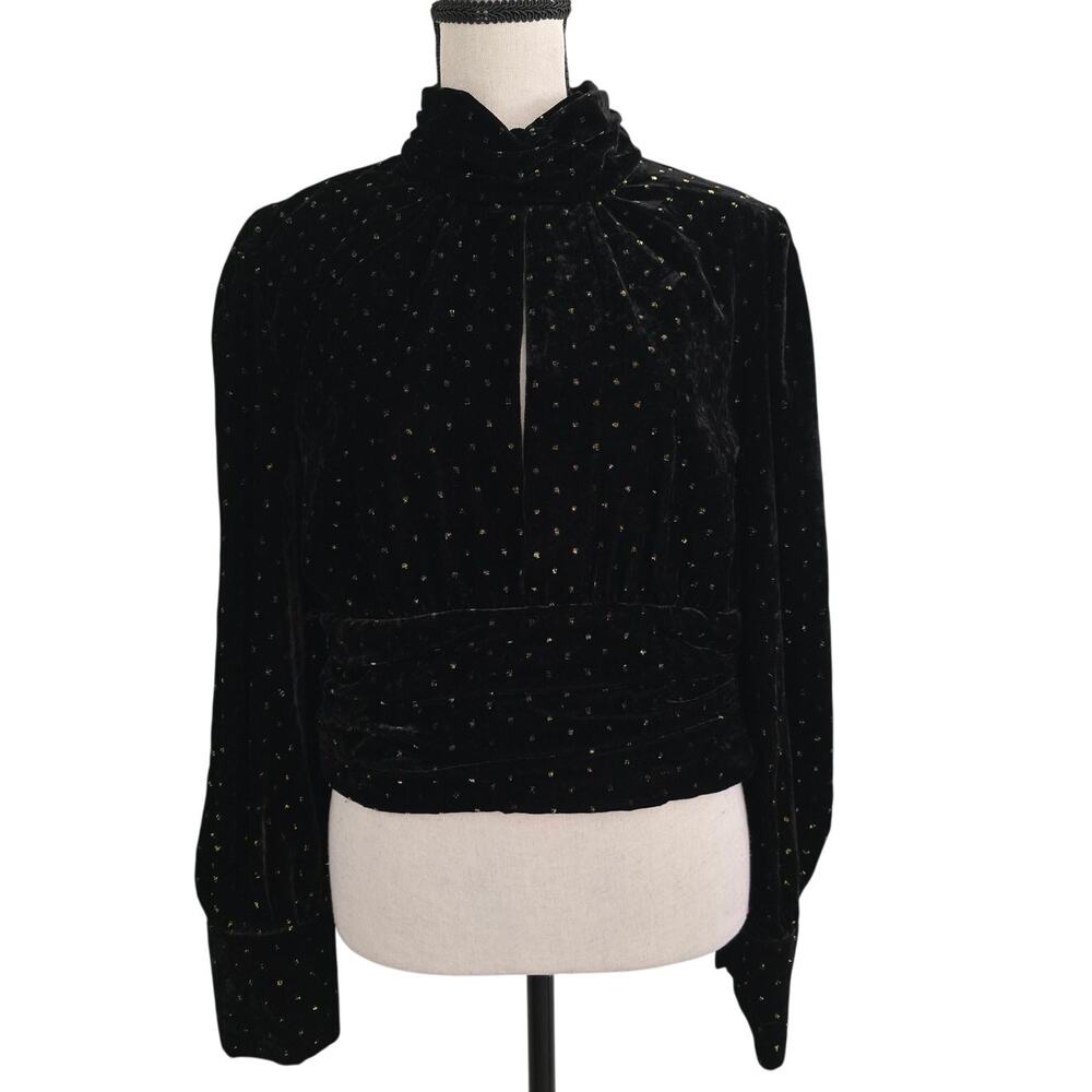 Zara Velvet Top M Black Gold Polka Dot Mock Neck Keyhole Party Holiday Festive